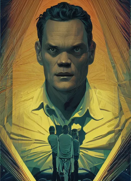 Prompt: poster artwork by Michael Whelan and Tomer Hanuka, Karol Bak of portrait of Michael Shannon!!!! the local mechanic clerk at the auto store, discovering aliens, from Twin Peaks, clean, simple illustration, nostalgic, domestic, full of details