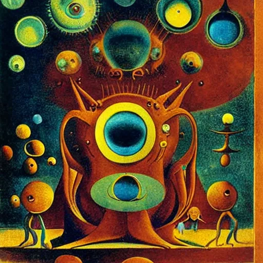 Image similar to a new small cute creature from space cosmic multiple eyes a bit weird cosmic with an intriguing wonderful machine beside him, tarot card, beautiful frames, Leonora Carrington moebius Hieronymus Bosch Max Ernst dali Zdzisaw Beksiñski Roland Topor Henryk Plociennik