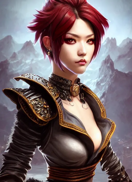 Prompt: rogue, fantasy ornate leather bandit outfit!!! close - up portrait beautiful and athletic short hair female!! gorgeous face and eyes!! character concept art, sharp focus, octane render! unreal engine 5! highly rendered!! trending on artstation!! detailed linework!! illustration by artgerm, chie yoshii, and wlop