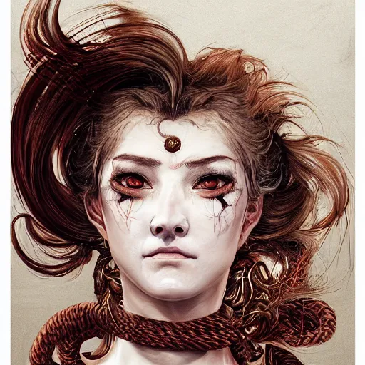 Image similar to portrait of a Shibari rope wrapped face and neck, headshot, insanely nice professional hair style, dramatic hair color, digital painting, of a old 18th century, Royal Emperor, amber jewels, baroque, ornate clothing, scifi, realistic, hyperdetailed, chiaroscuro, concept art, art by Franz Hals and Jon Foster and Ayami Kojima and Amano and Karol Bak,