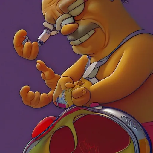 Prompt: Graffiti of a homer simpson, intricate, highly detailed, digital painting, artstation, smooth, sharp focus, illustration, art by artgerm and greg rutkowski and alphonse mucha