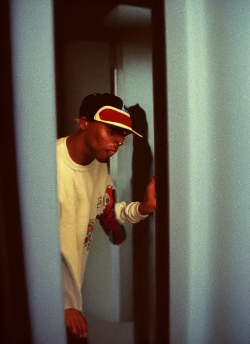 Image similar to Portrait of a 1990s Philadelphia b-boy looking back while exiting his brutalist apartment, hand on the doorknob, photographed for Reuters, Kodak Portra 400, 25mm f/1.8, light diffusion, contrast, film grain, 8k archival print, after Petrus van Schendel