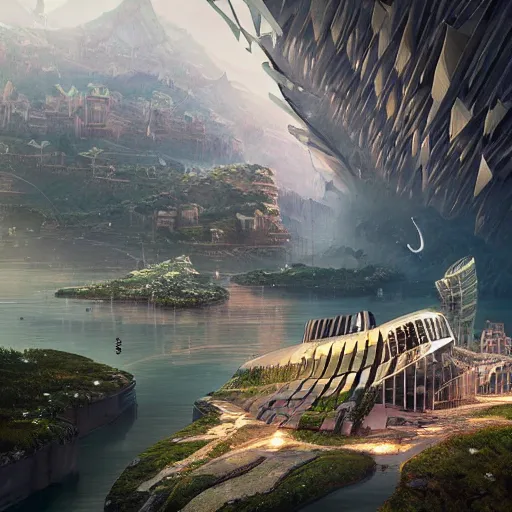 Image similar to ridge night city geometric detailed digital art fantasy cryengine render by victo nagi, frank gehry, andreas franke, rhads, alex grey