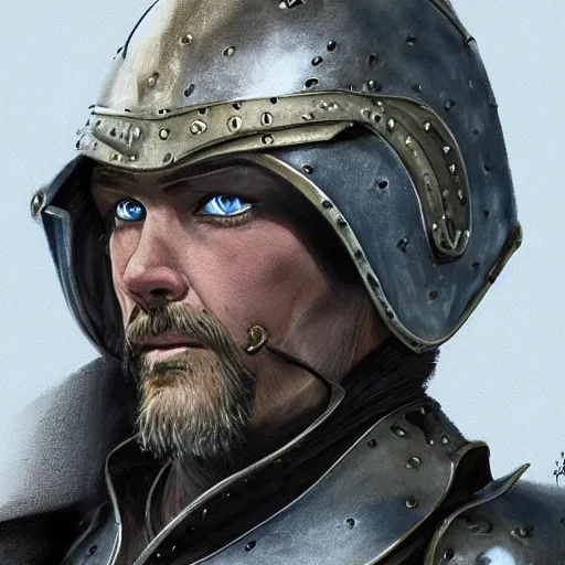 Image similar to concept art, 50 years old men, blonde, blue eyes, medieval leather armor, no helmet, high detail, digital art, realistic