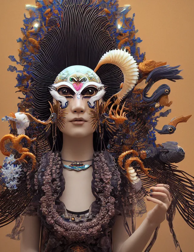 Image similar to 3 d goddess close - up 3 / 4 portrait with ram skull. beautiful intricately detailed japanese crow kitsune mask and clasical japanese kimono. betta fish, jellyfish phoenix, bio luminescent, plasma, ice, water, wind, creature, artwork by tooth wu and wlop and beeple and greg rutkowski