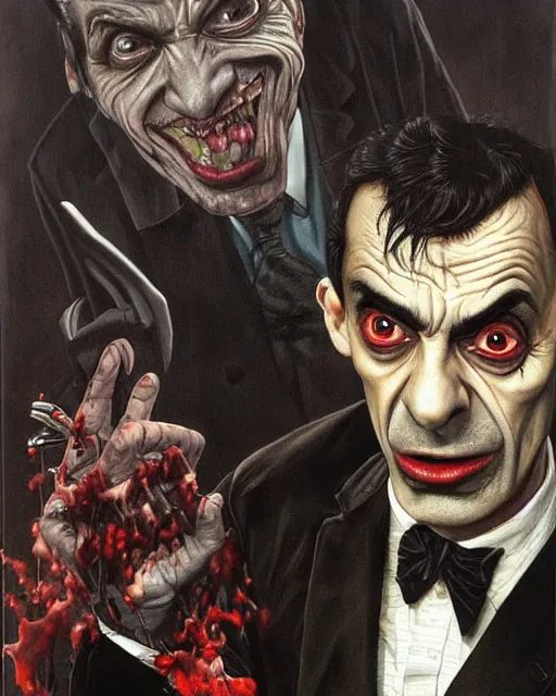 Image similar to portrait of mr bean as a vampire, gritty, dark, very detailed, hyperrealistic, very detailed painting by Glenn Fabry, by Joao Ruas