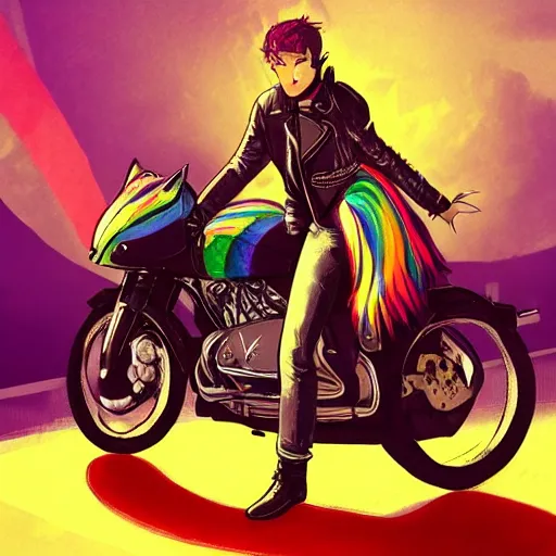 Image similar to wide angle full body, jacket wearing fluffy cute rainbow kitten wearing a black leather motorcycle jacket, riding on a motorcycle, cinematic concept art