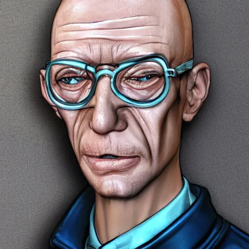 Image similar to A middle-aged Dr. Venture in real life with a hooked nose, a long gaunt face and skinny body and neck, very thin and bald, realistic, very realistic, hyperrealistic, highly detailed, very detailed, extremely detailed, detailed, digital art, oil painting, trending on artstation, headshot and bodyshot, detailed face, very detailed face, extremely detailed face, HD Quality, 8k resolution, very very detailed face, real life