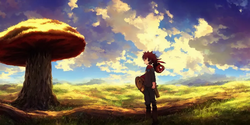 Prompt: isekai masterpiece anime boy standing tree log looking up at magical giant mushrooms, high noon, cinematic, very warm colors, intense shadows, layered stratocumulus clouds, anime illustration, anime screenshot composite background