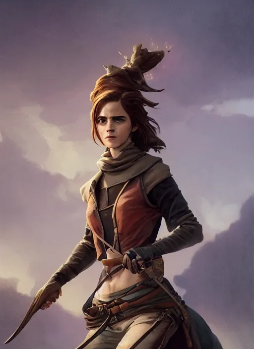 Image similar to hyper realistic photo of medieval beautiful rogue hunter emma watson, full body, rule of thirds, conceptart, saturated colors, cinematic, greg rutkowski, brom, james gurney, mignola, craig mullins, artstation, cgsociety