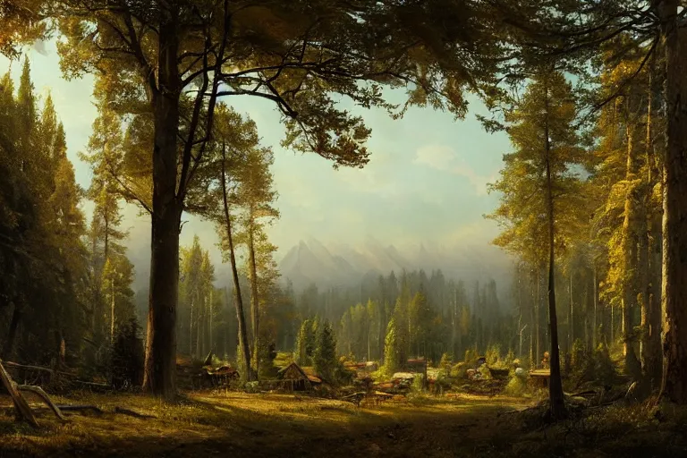 Image similar to A beautiful painting of russian village in dark forest by ivan shishkin and arkhip kuindji, trending on artstation,matte painting