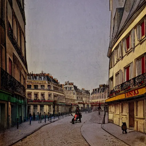 Prompt: color serigraphy of paris streets, by henri riviere