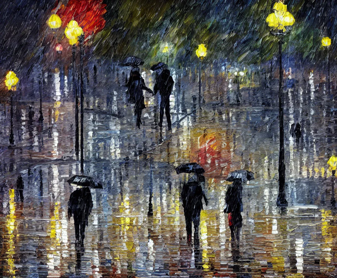 Image similar to a couple walking in the park, oil painting, night time, new york city, rain, wet walkway, park bench, street lights, soft tones