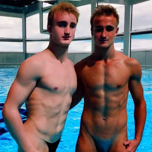 Image similar to “a realistic detailed photo of a guy who is an attractive humanoid who is half robot and half humanoid, who is a male android, British diver Jack Laugher & Chris Mears, shiny skin, posing like a statue, blank stare, by a diving pool, on display”