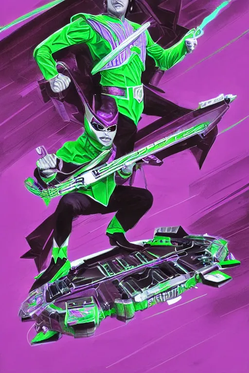 Image similar to portrait of johnny cash as purple green ranger from power rangers riding on guitar zord ufo hoverboard, intricate, highly detailed, smooth, artstation, digital illustration by Ruan Jia and Mandy Jurgens and Artgerm and Wayne Barlowe and Greg Rutkowski and Zdislav Beksinski