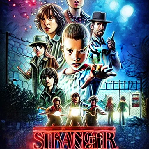 Image similar to stranger things new season poster, artstation hall of fame gallery, editors choice, # 1 digital painting of all time, most beautiful image ever created, emotionally evocative, greatest art ever made, lifetime achievement magnum opus masterpiece, the most amazing breathtaking image with the deepest message ever painted, a thing of beauty beyond imagination or words