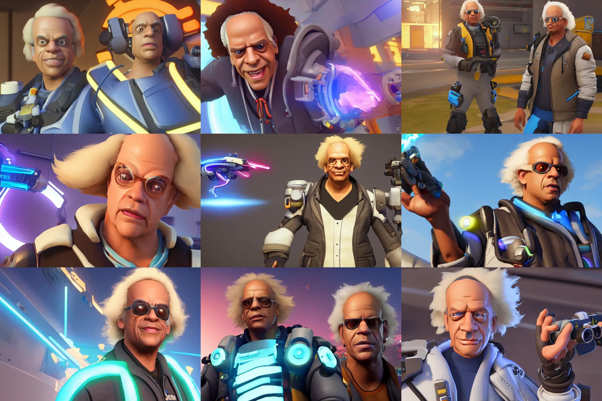Prompt: a screenshot of doc brown in the video game overwatch. 3 d rendering. unreal engine. amazing likeness. very detailed. cartoon caricature.