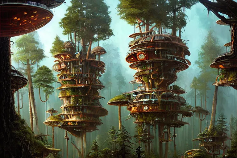 Prompt: mushroompunk treehouse city on endor, hyper detailed, by alejandro burdisio,