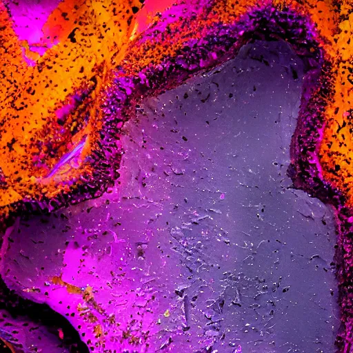 Image similar to light 3D!!!, purple shattered paint!, glowing lava!!!, conglomerate!, slush!!, organized composition!, abstract sculpture!!!!, black backdrop!, 4k!, award-winning photo!!!!