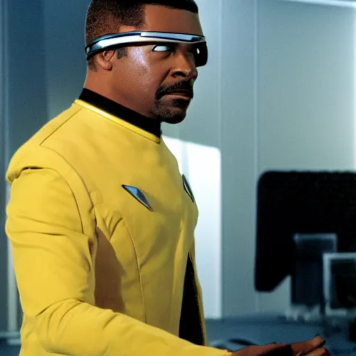 Prompt: geordi la forge wearing a small thin vr headset star trek