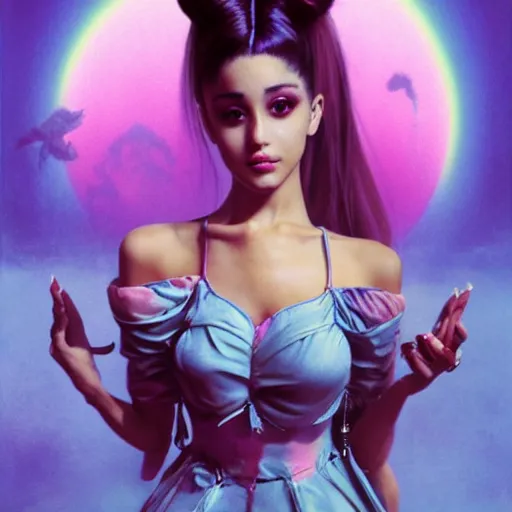 KREA - fashionable photo of ariana grande in futuristic goth make - up,  lolita fashion, ultra realistic, pastel colors, modeling studio, yoga pose,  highly detailed, photorealistic, volumetric light, voluptuous, by bruce  pennington