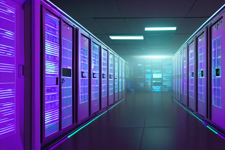 Image similar to realistic robot in a data server room, neon and dark, purple and blue color scheme, by dan mumford, global illumination ray tracing hdr render in unreal engine 5