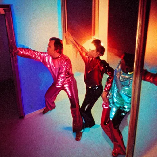 Prompt: first-person perspective closeup view of three people wearing shiny skiwear having a party inside of a 1970s luxury bungalow with a rectangular infinity mirror on the wall, at dusk, ektachrome photograph, f8 aperture