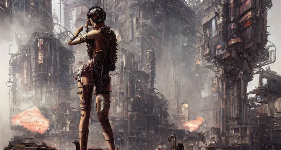 Image similar to a highly detailed epic cinematic concept art CG render digital painting artwork scene: retrofuturistic 1920s cyberpunk steampunk human fused with a combustion engine fuming backpack. By Greg Rutkowski, Ilya Kuvshinov, WLOP, Stanley Artgerm Lau, Ruan Jia and Fenghua Zhong, trending on ArtStation, made in Maya, Blender and Photoshop, octane render, excellent composition, cinematic dystopian brutalist atmosphere, dynamic dramatic cinematic lighting, aesthetic, very inspirational, arthouse