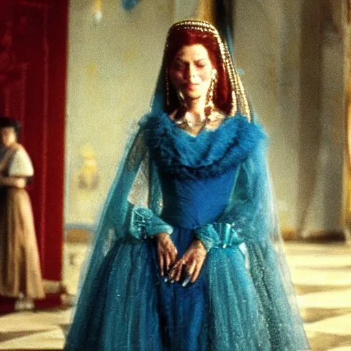 Prompt: Still in technicolor of Silvana Mangano as the Duchess of Guermantes in the 1973 film by Luchino Visconti, In Search of Lost Time