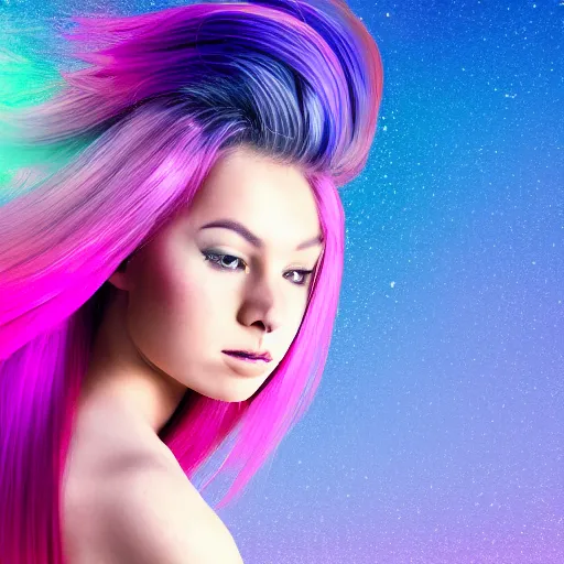 Image similar to a award winning upper body portrait of a beautiful woman in a coprtop with a ombre purple pink hairstyle with head in motion and hair flying, outrun, vaporware, vivid colors, highly detailed, fine detail, intricate