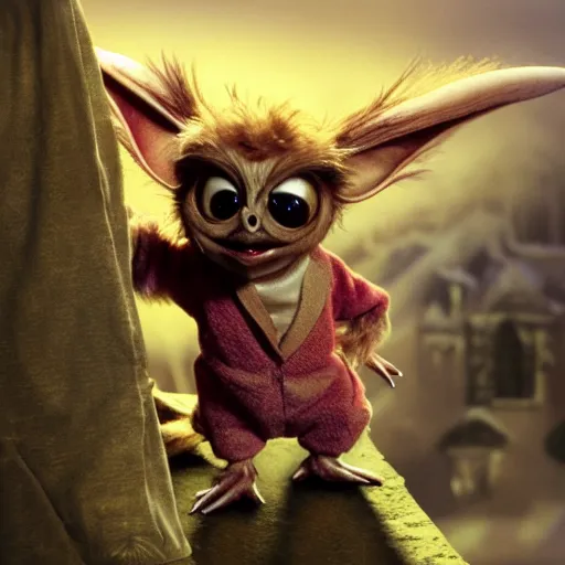 Prompt: gizmo from the gremlins movie!!!!!!!! standing on a cliff overlooking a small, quaint, and foggy town being overrun by gremlins, burning church in the center of town, fantasy, dramatic, dramatic lighting, highly detailed, extremely professional digital painting, law of thirds, artstation, concept art, smooth, sharp focus, illustration, by alena aenami and bernardo bellotto, octane render
