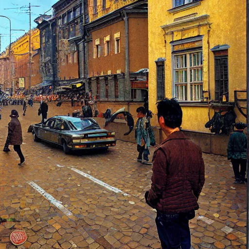 Prompt: ( ( victor tsoi ) ) walking in st petersburg, bao phan, piotr jablonski, norman rockwell, tim hildebrandt, dariusz zawadzki, bruce pennington, larry elmore, intricate details, hyperrealistic oil painting on canvas, deep depth field, cinematic composition, hyper - detailed, hd, hdr, 4 k, 8 k