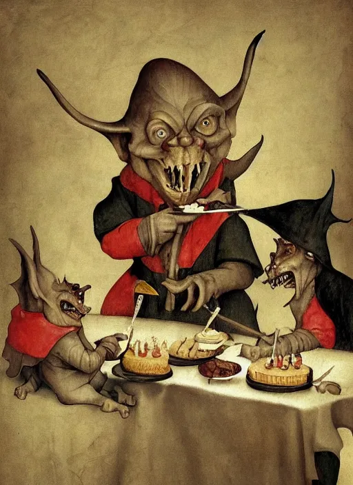 Image similar to medieval goblin eating cakes painted by hieronymus bosch, detailed digital art, trending on Artstation