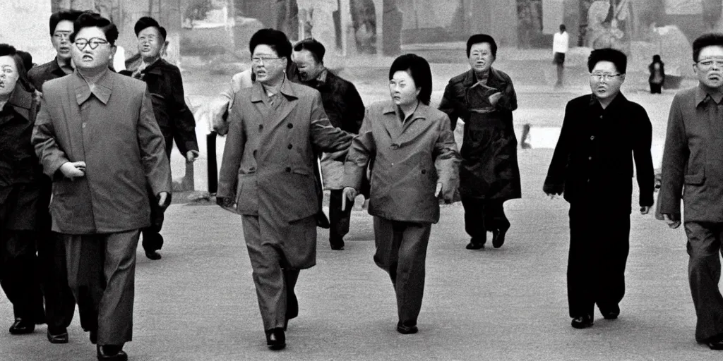 Image similar to kim jong - il walking in 1 9 6 0 s pyongyang, film noir in the style of ghost in the shell by mamoru oshii