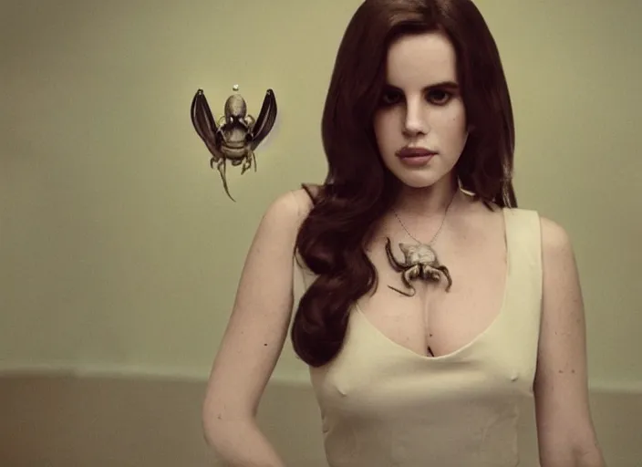 Image similar to still of a lana del rey with an alien facehugger on her face.