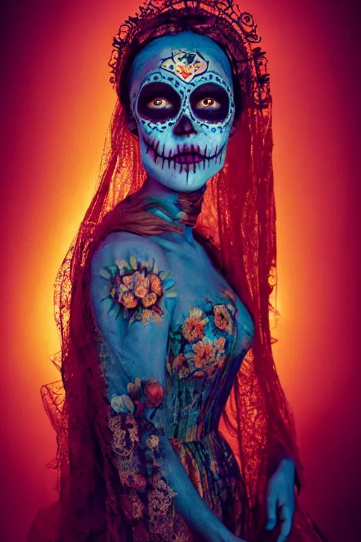 Image similar to heliography, virgin mary in dia de muertos dress and make up, horrific beautiful vibe, evocative, atmospheric lighting, painted, intricate, highly detailed, leesha hannigan, wayne haag, reyna rochin, ignacio fernandez rios, mark ryden, iris van herpen, stunning, gorgeous, sharp focus, cinematic, masterpiece