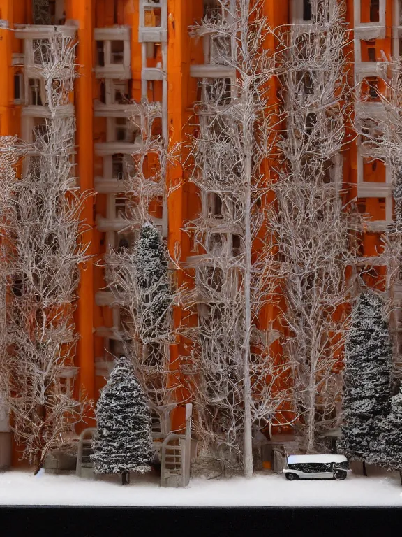 Image similar to mega detailed miniature diorama a soviet residential building, brutalism architecture, suburban, warm lights are on in the windows, man lies in the snow, dark night, fog, winter, blizzard, cozy and peaceful atmosphere, row of street lamps with warm orange light, several birches nearby, 1 9 9 0