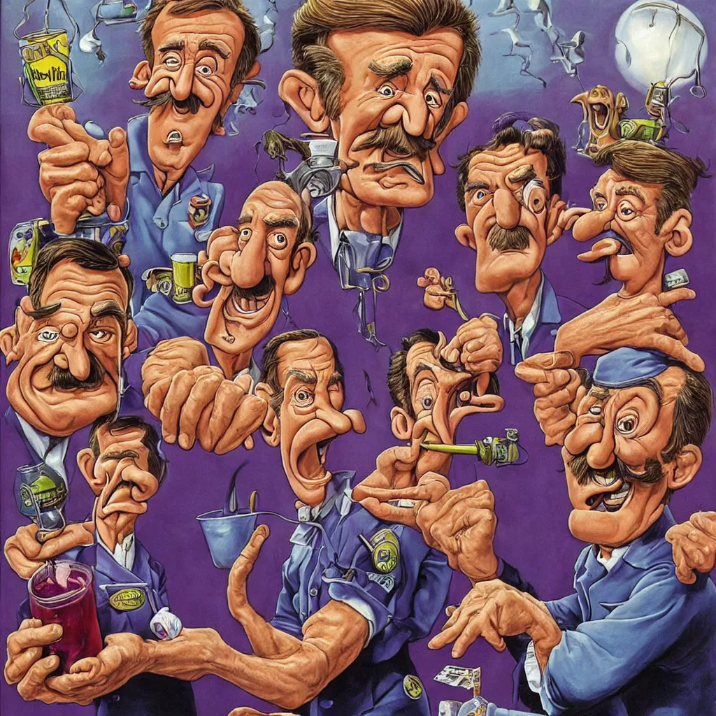 Image similar to promotional art for the movie'unless you hate bullruns ', barry chuckle preparing a batch of purple oil drink, hyperreal detailed facial features and uv lighting, art by ed roth and basil wolverton