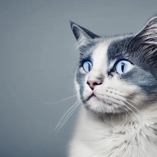 Image similar to A beautiful woman with light blue short messy hair with bangs holding a grey and white cat, full body portrait, highly detailed, excellent composition, dramatic lighting, realistic 4k