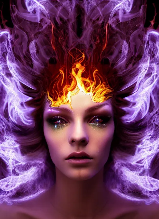 Prompt: hyperrealistic mixed media portrait of a beautiful evil female pyromancer, stunning 3d render inspired art by Mark Poole + perfect facial symmetry + dim volumetric lighting, ornate flowing robes, radiant fiery energy, swirling wispy smoke, 8k octane beautifully detailed render, post-processing, extremely hyperdetailed, intricate, epic composition, grim yet sparkling atmosphere, cinematic lighting + masterpiece, trending on artstation, Art Nouveau