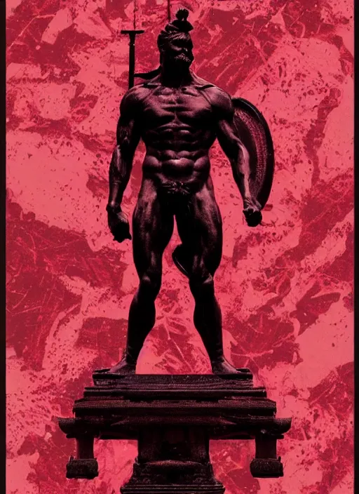 Image similar to dark design poster showing a statue of hercules, black background with very subtle red and purple design elements, powerful, nekro, guido crepax, graphic design, thin lines, dark, glitch art, neo vaporwave, gritty, layout frame, square, trending on artstation