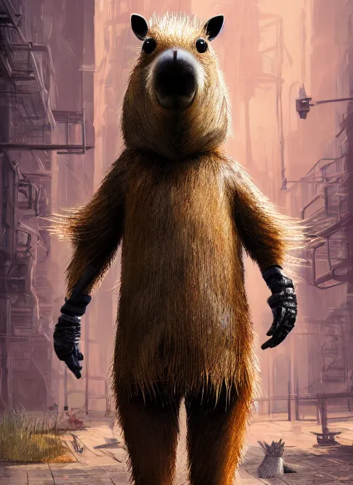 Image similar to detailed full body concept art illustration, oil painting on canvas of an anthropomorphic capybara teacher in full intricate clothing, biomutant, dystopian, micro detail, octane render, 4K