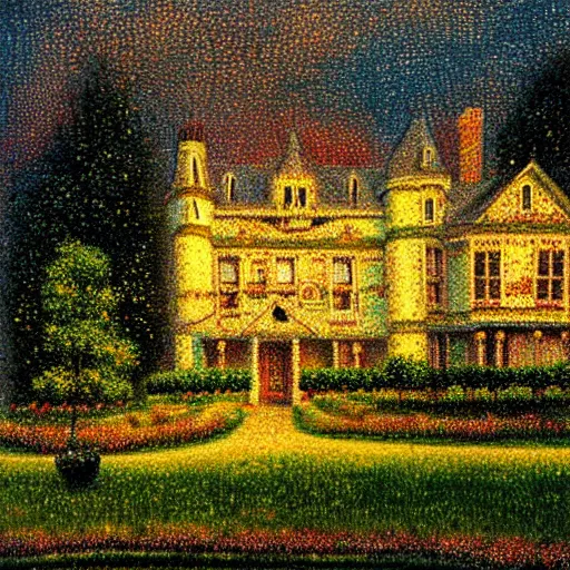 Image similar to Pointillism Painting of a Victorian manor at dusk soft glow HDR