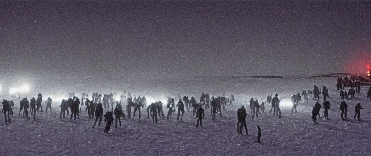 Image similar to filmic extreme close up shot movie still 4 k uhd exterior shot 3 5 mm film color photograph of a terrifying crowd of people attacking each other with tentacles and blood running in terror around mcmurdo station in antartica at night with the northern lights lighting up the sky, in the style of the horror film the thing 1 9 8 2