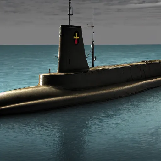 Prompt: 4 k render of a world war 2 german submarine underwater, cinematic, dramatic, dark ambience, deep sea