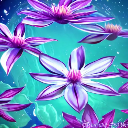 Image similar to clematis theme logo, clematis theme banner, clematis design, clematis in the deep sea, clematis like stars in the sky, trending on artstation, warm light, lovely and cute, fantasy art, 8 k resolution