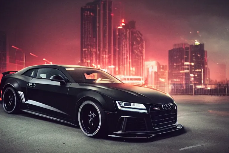 Image similar to widebody all black audi camaro b 9 ( 2 0 2 0 ), need for speed : carbon, at night, sci - fi, neon lines, phonk music background, smoke behind wheels, noise, dark, establishing shot, by simon stalenhag