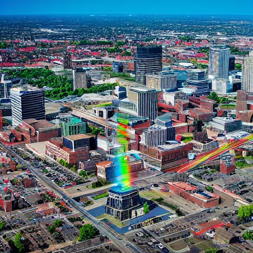 Prompt: Aerial tilt-shifted photograph of Columbus, OH with a rainbow