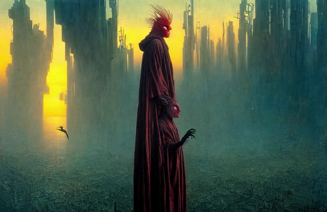 Image similar to realistic detailed portrait movie shot of a birdman wearing dark ragged robes, futuristic city sunset landscape background by denis villeneuve, amano, yves tanguy, alphonse mucha, ernst haeckel, max ernst, roger dean, ridley scott, dramatic dynamic composition, rich moody colours, blue eyes