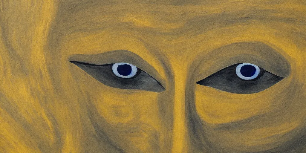 Image similar to a painting of giant buddahs eyes floating in the desert in gold color palette